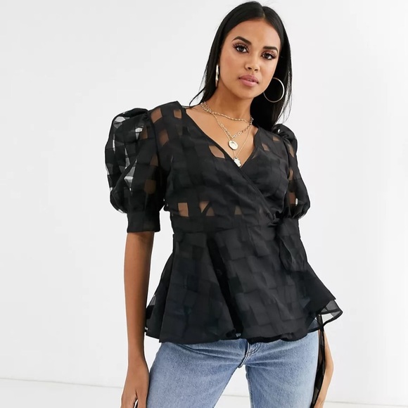 ASOS Tops - ASOS Black Sheer Puff Sleeve Blouse